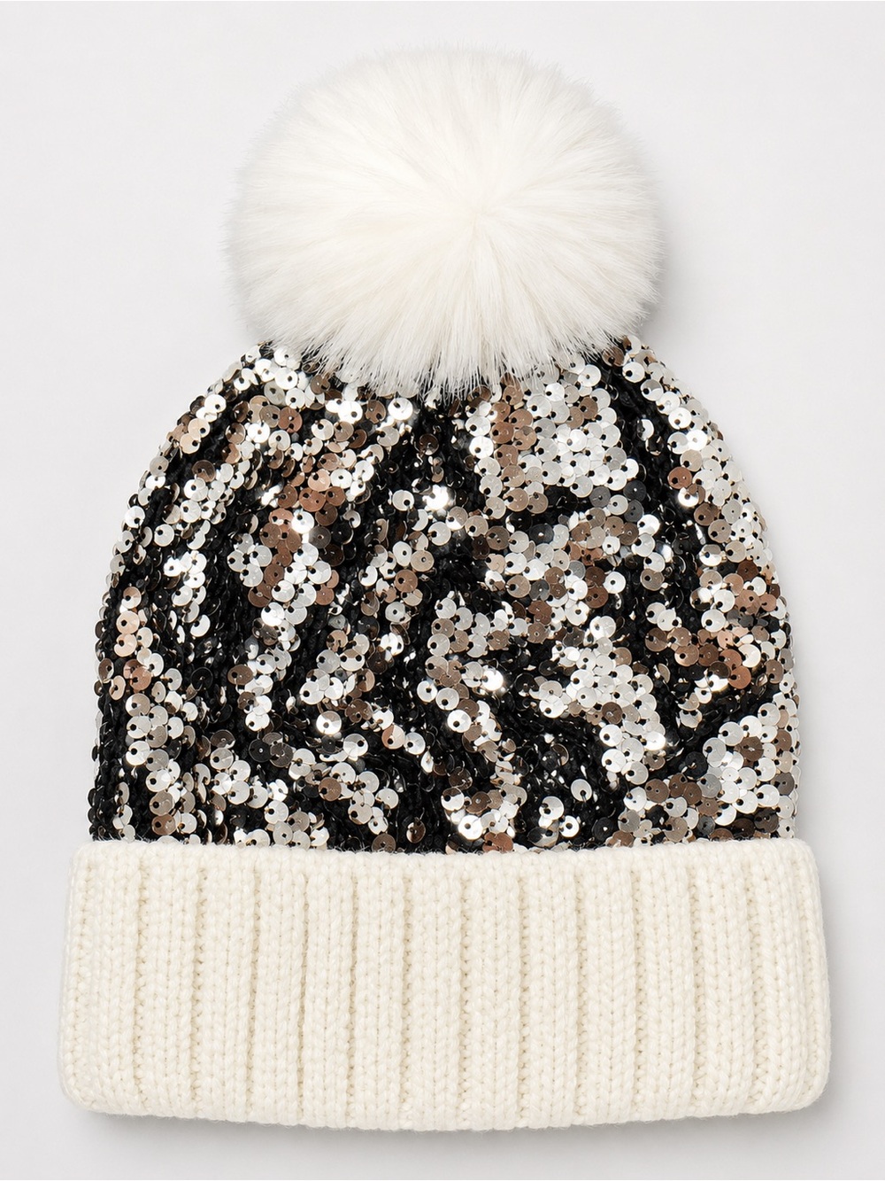 Sequined Pom Pom Knit Beanie Hat